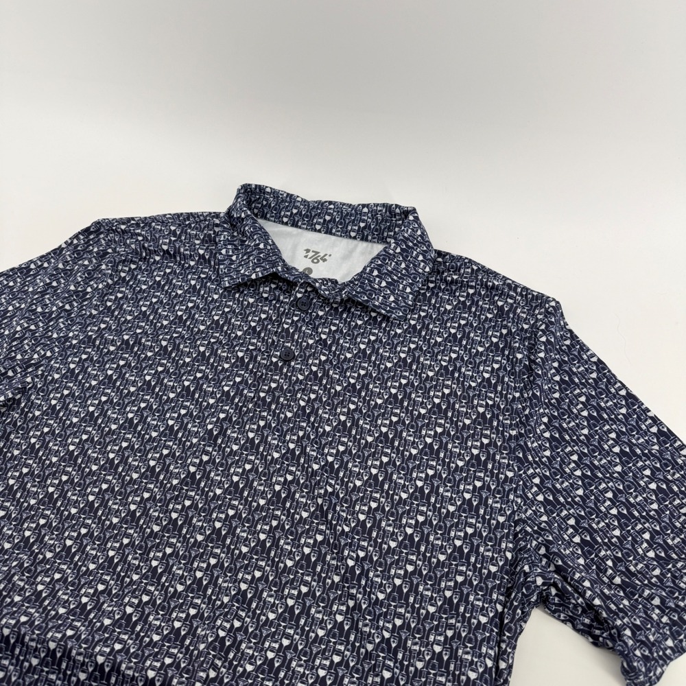 1764 Mens Performance Golf Polo Shirt Navy Blue Cocktail Wine Glass Print L
